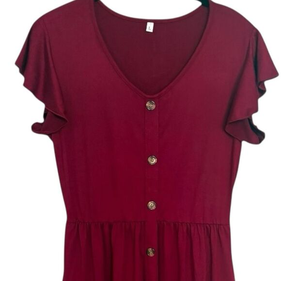WNEEDU Casual Dress Mock Button Down Knee Length Size Large Pockets Burgendy - Picture 3 of 6